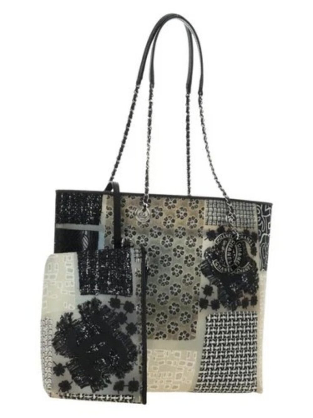 CHANEL Patchwork Tote Bag rubber Black Silver CC Auth 183715SAV